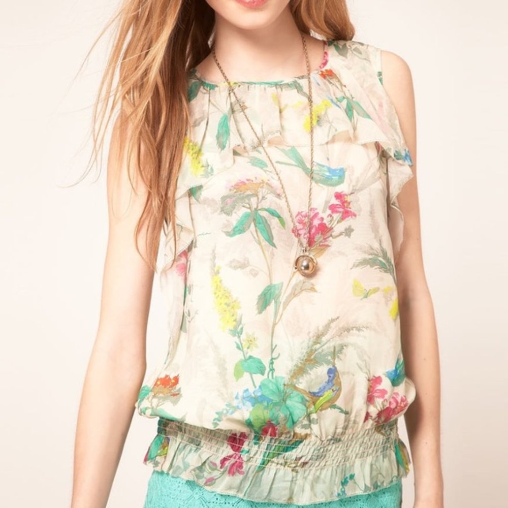 Ted Baker Tank Top Floral Birds Spring Colorful Size 2 (Medium) Green Pink